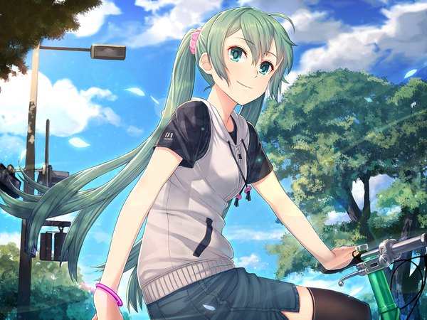 Anime-Bild 1500x1125 mit vocaloid hatsune miku itou (onsoku tassha) single long hair looking at viewer fringe hair between eyes twintails sky cloud (clouds) outdoors aqua eyes light smile aqua hair short sleeves alternate costume copyright name lens flare revision