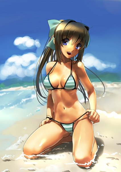 Anime picture 637x900 with original katahira masashi single long hair tall image looking at viewer breasts open mouth blue eyes light erotic brown hair sitting sky barefoot sunlight bare belly bare legs beach girl navel