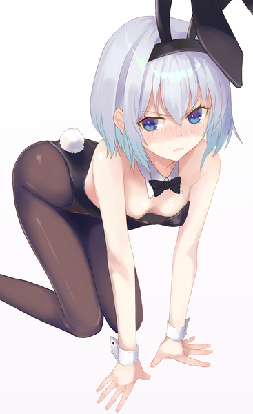 Anime picture 1253x2045 with ryuuou no oshigoto! sora ginko ashiya hiro single tall image looking at viewer blush fringe short hair blue eyes light erotic simple background hair between eyes white background bare shoulders animal ears cleavage silver hair tail animal tail