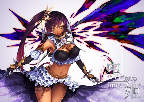 Anime-Bild 1800x1273 mit original curry bowl long hair looking at viewer fringe highres light erotic simple background standing bare shoulders yellow eyes purple hair grey background bare belly sleeveless side ponytail girl skirt gloves navel