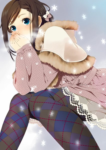 Anime picture 826x1169 with original mattaku mousuke single tall image blush short hair blue eyes brown hair sitting braid (braids) dutch angle exhalation polka dot rhombus knees together feet apart hands on face cold girl dress bow