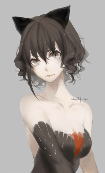 Anime picture 500x823 with rwby rooster teeth blake belladonna nu you single tall image looking at viewer fringe short hair black hair simple background bare shoulders animal ears cat ears grey background grey eyes wavy hair cat eyes girl gloves