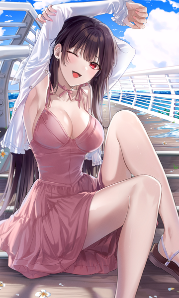 Anime picture 1400x2336 with original gok (gok 99) single long hair tall image looking at viewer blush fringe breasts open mouth light erotic black hair red eyes large breasts sitting sky cleavage cloud (clouds) bent knee (knees) blunt bangs