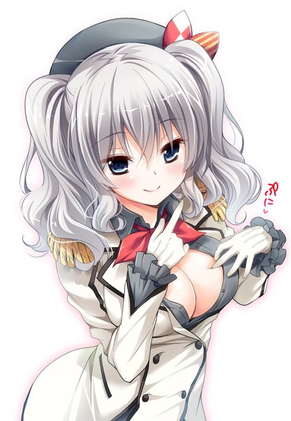 Anime picture 554x800 with kantai collection kashima training cruiser suzui narumi single long hair tall image blush breasts blue eyes light erotic simple background smile white background cleavage silver hair inscription girl gloves white gloves epaulettes