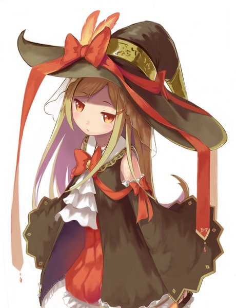 Anime picture 1530x1992 with original lino-lin single long hair tall image blush simple background blonde hair white background looking away from above orange eyes witch girl dress bow ribbon (ribbons) detached sleeves feather (feathers) witch hat