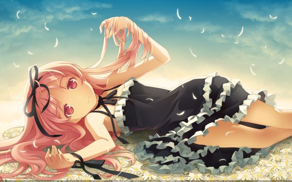 Anime picture 2560x1600 with garden (galge) cuffs (studio) himemiya ruri h2so4 single long hair looking at viewer highres smile wide image bare shoulders pink hair sky cloud (clouds) lying pink eyes wallpaper turning head on side girl