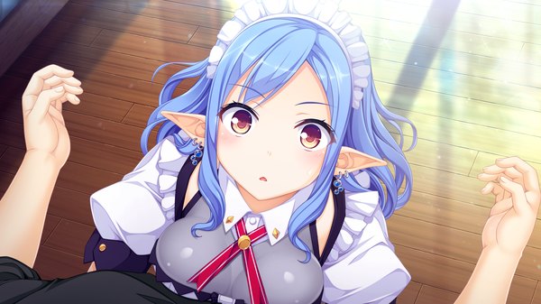 Anime picture 1920x1080 with world election whirlpool (studio) merou aquri long hair looking at viewer highres open mouth red eyes wide image blue hair game cg pointy ears maid girl dress uniform earrings headdress maid headdress