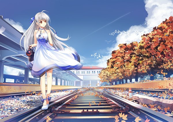 Anime picture 1169x827 with original erich single long hair red eyes looking away sky cloud (clouds) white hair girl dress plant (plants) animal tree (trees) bird (birds) leaf (leaves) sundress
