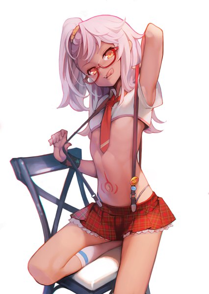 Anime picture 1791x2520 with fate (series) fate/kaleid liner prisma illya kuro (fate/kaleid liner) ataruman single long hair tall image looking at viewer highres light erotic pink hair head tilt pleated skirt bare belly orange eyes tattoo one side up plaid skirt arm behind head girl