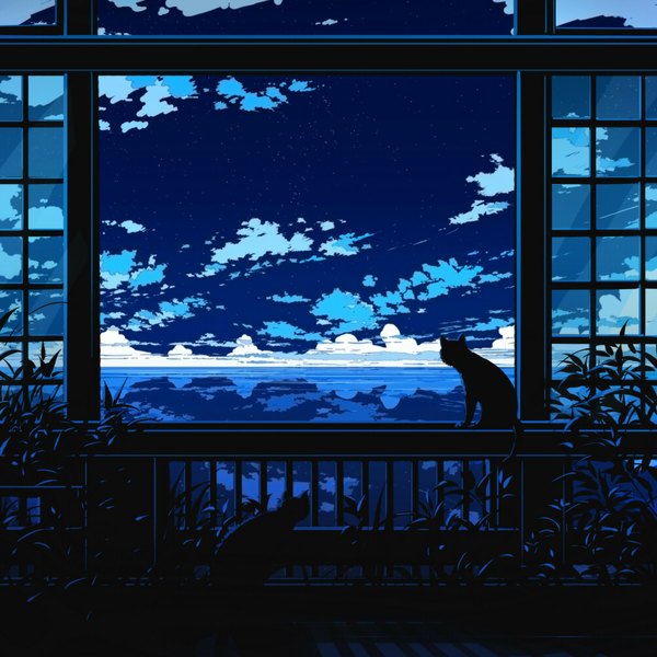 Anime picture 1000x1000 with original 108 sky cloud (clouds) reflection no people landscape plant (plants) animal water star (stars) cat