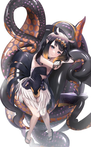 Anime picture 2340x3780 with virtual youtuber hololive hololive english ninomae ina'nis ninomae ina'nis (1st costume) lucy (rusi-juren328) single long hair tall image fringe highres blue eyes black hair simple background white background sitting animal ears full body from above pointy ears