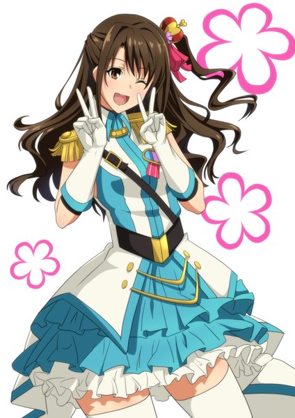 Anime picture 579x819 with idolmaster idolmaster cinderella girls shimamura uzuki namakemono (u446644k) single long hair tall image open mouth brown hair brown eyes one eye closed wink one side up victory crystal night party girl thighhighs dress gloves white thighhighs