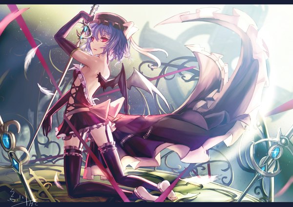 Anime picture 1447x1023 with touhou remilia scarlet wangchuan de quanyan single short hair red eyes blue hair letterboxed bat wings girl thighhighs dress gloves weapon black thighhighs sword wings elbow gloves headdress garter straps