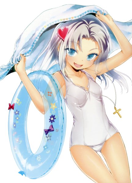 Anime picture 2495x3468 with boku wa tomodachi ga sukunai takayama maria buriki single long hair tall image looking at viewer blush highres breasts open mouth blue eyes light erotic simple background smile white background silver hair :d scan arms up