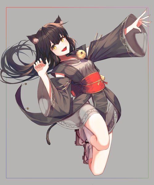 Anime picture 3904x4696 with original sugar (dndi888) single long hair tall image looking at viewer blush highres black hair simple background animal ears yellow eyes absurdres full body tail traditional clothes japanese clothes animal tail fingernails cat ears