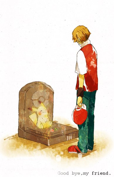 Anime picture 1693x2610 with pokemon nintendo pikachu red (pokemon) rocoya1 tall image short hair smile brown hair standing holding eyes closed from behind text sad gen 1 pokemon boy flower (flowers) hat pants