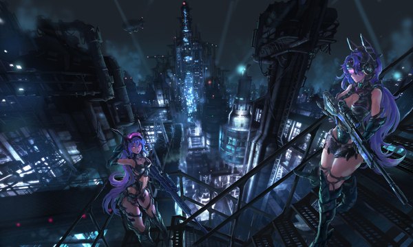 Anime picture 1500x900 with original denki wide image bare shoulders multiple girls blue hair very long hair pink eyes night midriff city city lights girl gloves navel hair ornament weapon 2 girls boots gun