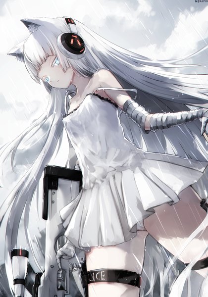 Anime-Bild 1400x2000 mit girls frontline original awp (girls frontline) (nekoya (liu)) nekoya (liu) single tall image looking at viewer fringe breasts blue eyes light erotic standing holding signed sky cloud (clouds) outdoors white hair blunt bangs very long hair