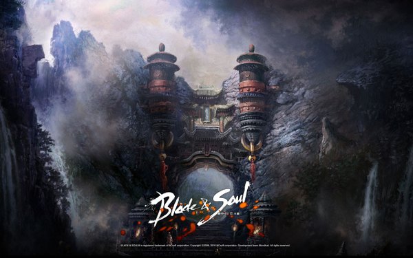 Anime picture 1280x800 with blade & soul wide image inscription mountain plant (plants) building (buildings) tower