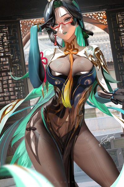 Anime-Bild 2339x3508 mit genshin impact cloud retainer (genshin impact) xianyun (genshin impact) zumi (zumidraws) single long hair tall image looking at viewer highres breasts light erotic black hair large breasts signed outdoors parted lips multicolored hair arm up realistic lipstick