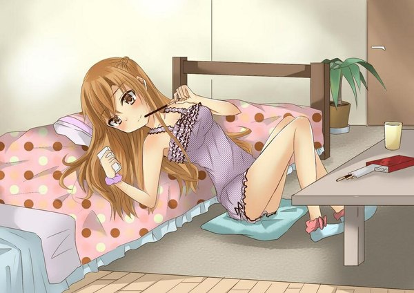 Anime picture 1023x724 with sword art online a-1 pictures yuuki asuna tagme (artist) single long hair blush light erotic smile brown hair sitting bare shoulders brown eyes girl plant (plants) socks lingerie sweets pillow bed