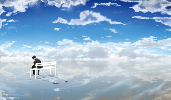 Anime picture 1558x914 with shingeki no kyojin production i.g levi (rivaille) johnny lmd single short hair black hair wide image sitting sky cloud (clouds) barefoot reflection boy flower (flowers) water rose (roses) suit bench