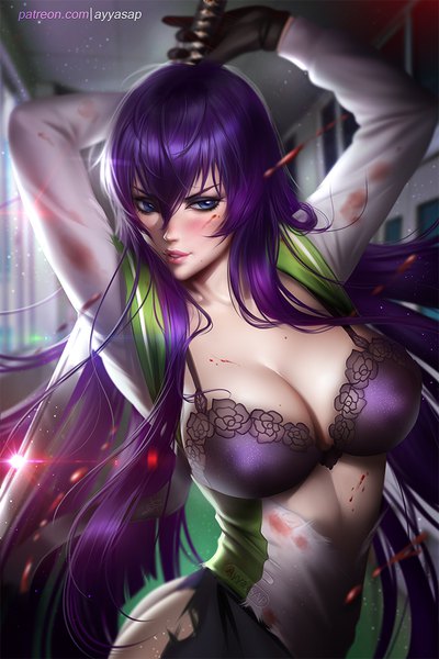 Anime picture 720x1080 with highschool of the dead madhouse busujima saeko ayyasap single long hair tall image looking at viewer blush fringe breasts blue eyes light erotic hair between eyes large breasts holding signed cleavage purple hair ass