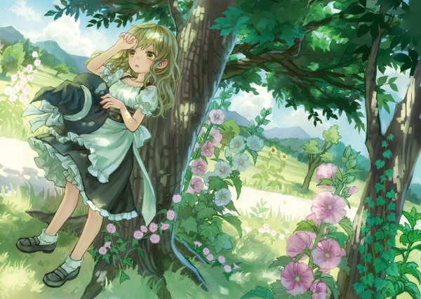 Anime picture 1275x907 with touhou kirisame marisa ama-tou single long hair blush open mouth blonde hair standing yellow eyes looking away sky cloud (clouds) braid (braids) mountain girl dress flower (flowers) plant (plants) tree (trees)