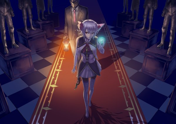 Anime picture 1535x1085 with original mismi short hair red eyes standing holding animal ears looking away purple hair cat ears checkered floor girl thighhighs boy uniform white thighhighs necktie armor suit clock