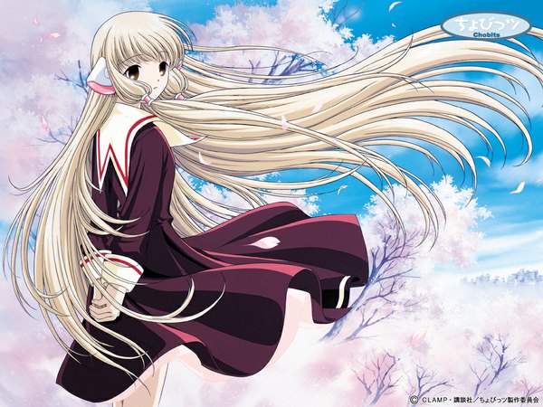 Anime picture 1024x768 with chobits chii single long hair blonde hair standing brown eyes payot looking away sky outdoors wind cherry blossoms hands behind back sad girl uniform school uniform