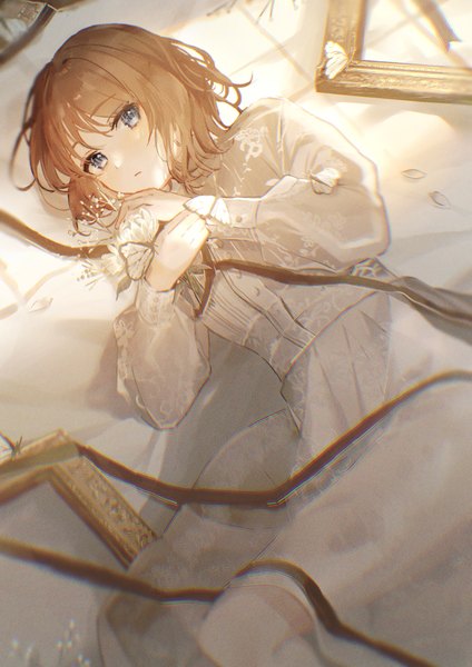 Anime-Bild 2100x2970 mit original oyuyu single tall image looking at viewer fringe highres short hair brown hair lying blunt bangs long sleeves from above grey eyes on side anaglyph butterfly on hand empty picture frame girl dress