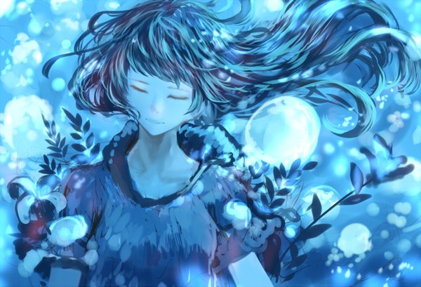 Anime picture 1210x825 with original bounin single long hair fringe eyes closed lips aqua hair short sleeves underwater girl flower (flowers) plant (plants) bubble (bubbles)