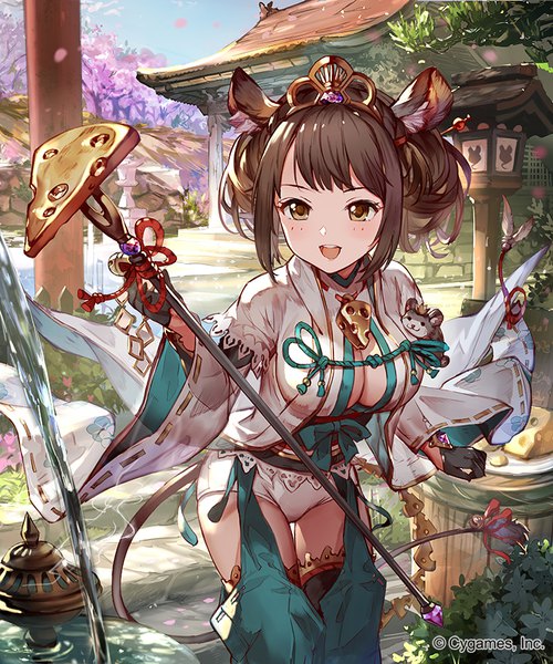 Anime picture 750x900 with shingeki no bahamut 77gl single tall image looking at viewer blush short hair breasts open mouth light erotic smile brown hair large breasts brown eyes animal ears cleavage outdoors tail traditional clothes :d