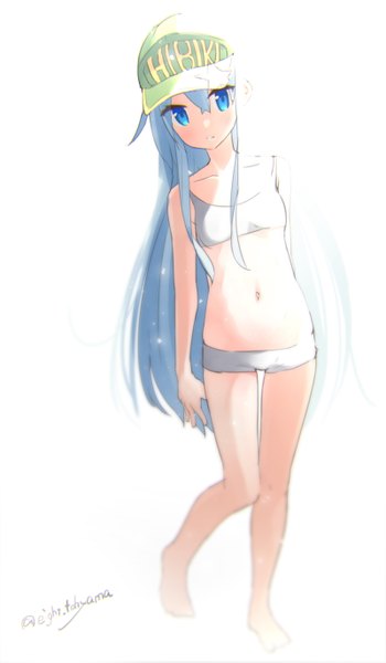 Anime picture 800x1371 with kantai collection hibiki destroyer touyama eight single long hair tall image looking at viewer fringe blue eyes light erotic simple background hair between eyes standing white background bare shoulders signed payot blue hair bent knee (knees) sunlight