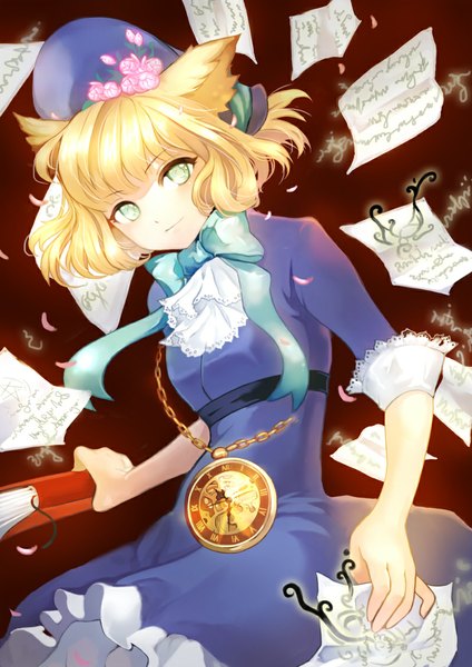 Anime picture 800x1132 with original zzoggomini single tall image looking at viewer short hair blue eyes blonde hair animal ears girl dress flower (flowers) petals book (books) bonnet clock paper pocket watch