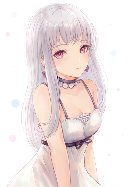 Anime picture 960x1373 with fire emblem fire emblem: three houses nintendo lysithea von ordelia leonmandala single long hair tall image looking at viewer blush fringe breasts simple background white background bare shoulders payot cleavage silver hair upper body pink eyes
