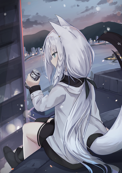 Anime picture 1416x2006 with virtual youtuber hololive shirakami fubuki touhourh single long hair tall image fringe blue eyes hair between eyes sitting holding animal ears looking away sky silver hair cloud (clouds) bent knee (knees) outdoors tail