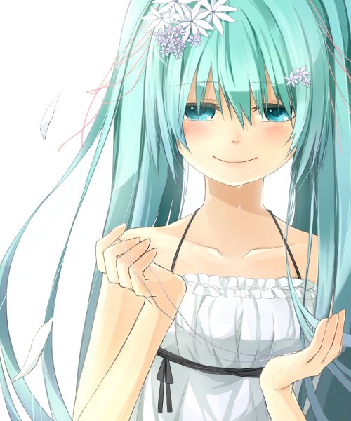Anime picture 1000x1200 with vocaloid hatsune miku hoshiyui tsukino (artist) single tall image blush simple background smile white background twintails very long hair hair flower aqua eyes aqua hair girl hair ornament sundress