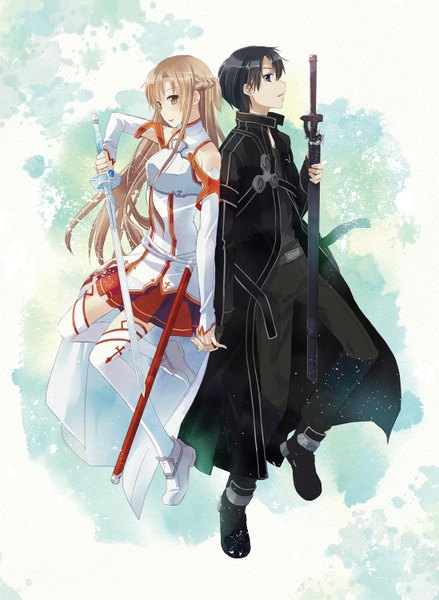 Anime picture 1097x1500 with sword art online a-1 pictures yuuki asuna kirigaya kazuto naruse chisato long hair tall image fringe short hair open mouth black hair brown hair standing bare shoulders brown eyes light smile black eyes zettai ryouiki couple holding hands