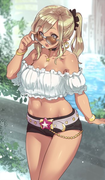 Anime picture 586x1000 with original houtengeki single long hair tall image looking at viewer open mouth blue eyes blonde hair bare shoulders ponytail pointy ears midriff sunglasses removed girl navel shorts bracelet belt leaf (leaves)