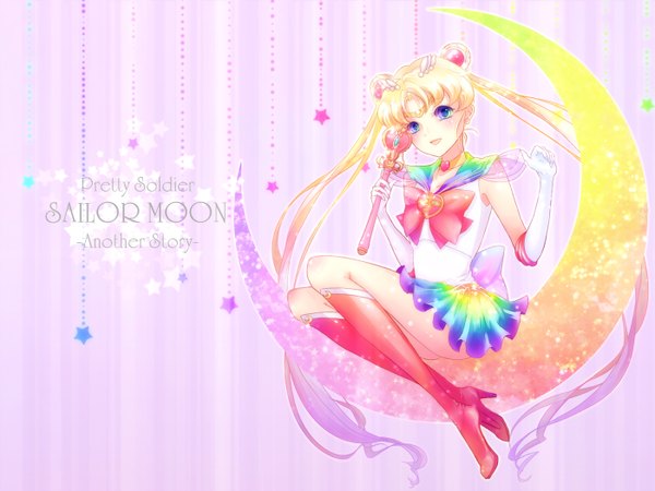 Anime picture 1400x1050 with bishoujo senshi sailor moon toei animation tsukino usagi sailor moon super sailor moon torao (torakmn) (artist) long hair blue eyes blonde hair sitting twintails wallpaper crescent purple background girl gloves bow elbow gloves thigh boots sailor suit
