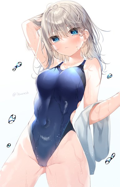 Anime picture 2308x3591 with original mafuyu (chibi21) single long hair tall image looking at viewer blush fringe highres breasts blue eyes light erotic simple background hair between eyes standing white background signed silver hair head tilt arm up