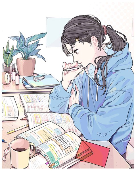 Anime picture 1000x1253 with original kko (um7mr) single long hair tall image black hair sitting ponytail indoors profile thinking girl plant (plants) food sweets hairclip hood clock hoodie candy