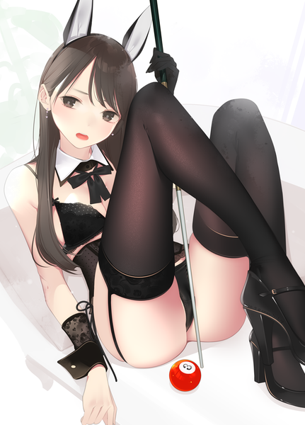 Anime picture 791x1100 with original ama mitsuki single long hair tall image looking at viewer blush fringe breasts open mouth light erotic simple background brown hair white background sitting holding brown eyes animal ears bent knee (knees) head tilt
