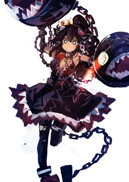 Anime picture 2894x4093 with super mario bros. new super mario bros. u deluxe princess chain chomp chain chomp kamindani single long hair tall image looking at viewer fringe highres black hair simple background hair between eyes standing white background animal ears full body ponytail black eyes