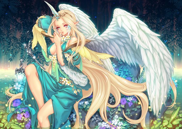 Anime picture 900x637 with original shallua single looking at viewer breasts blue eyes blonde hair sitting very long hair horn (horns) pointy ears angel wings girl dress animal wings unicorn