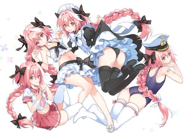 Anime picture 1200x883 with fate (series) fate/apocrypha astolfo (fate) shiosoda long hair fringe light erotic hair between eyes white background pink hair full body ass braid (braids) pink eyes multicolored hair two-tone hair maid midriff alternate costume streaked hair