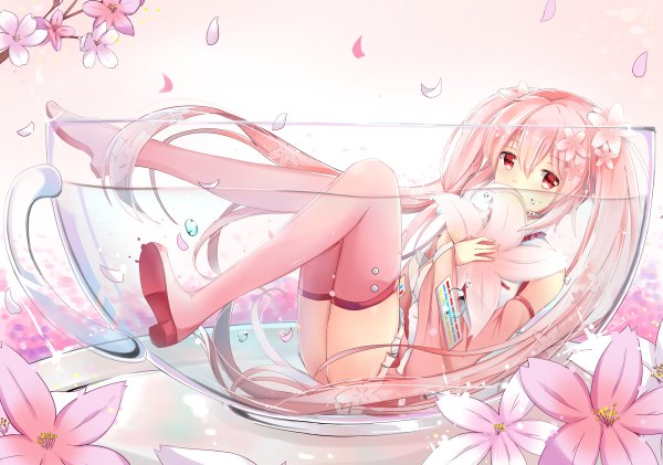 Anime picture 1200x842 with vocaloid hatsune miku sakura miku konka single looking at viewer light erotic twintails pink hair full body very long hair pink eyes girl skirt flower (flowers) detached sleeves miniskirt petals boots thigh boots