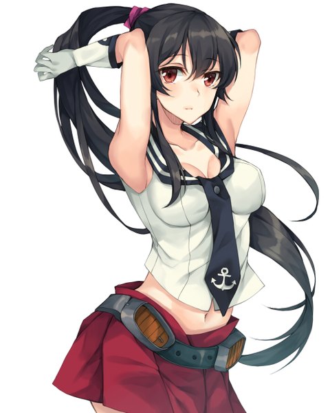 Anime picture 1000x1250 with kantai collection yahagi light cruiser rinarisa single long hair tall image looking at viewer fringe breasts black hair simple background hair between eyes red eyes white background cleavage ponytail bare belly sleeveless adjusting hair arms behind head