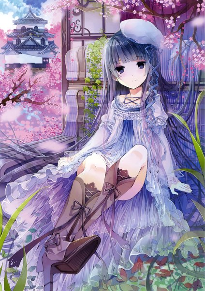 Anime picture 2220x3140 with original fruit punch single long hair tall image looking at viewer highres blue eyes blue hair scan girl dress flower (flowers) petals boots beret